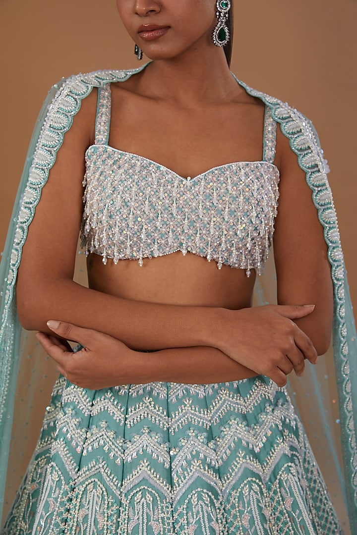 Turkish Blue Taffeta Pearl Embroidered Bridal Lehenga Set by Rianta's at Pernia's Pop Up Shop