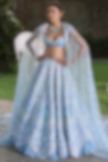 Sapphire Blue Raw Silk Mirror Hand Embroidered Bridal Lehenga Set by Rianta's at Pernia's Pop Up Shop