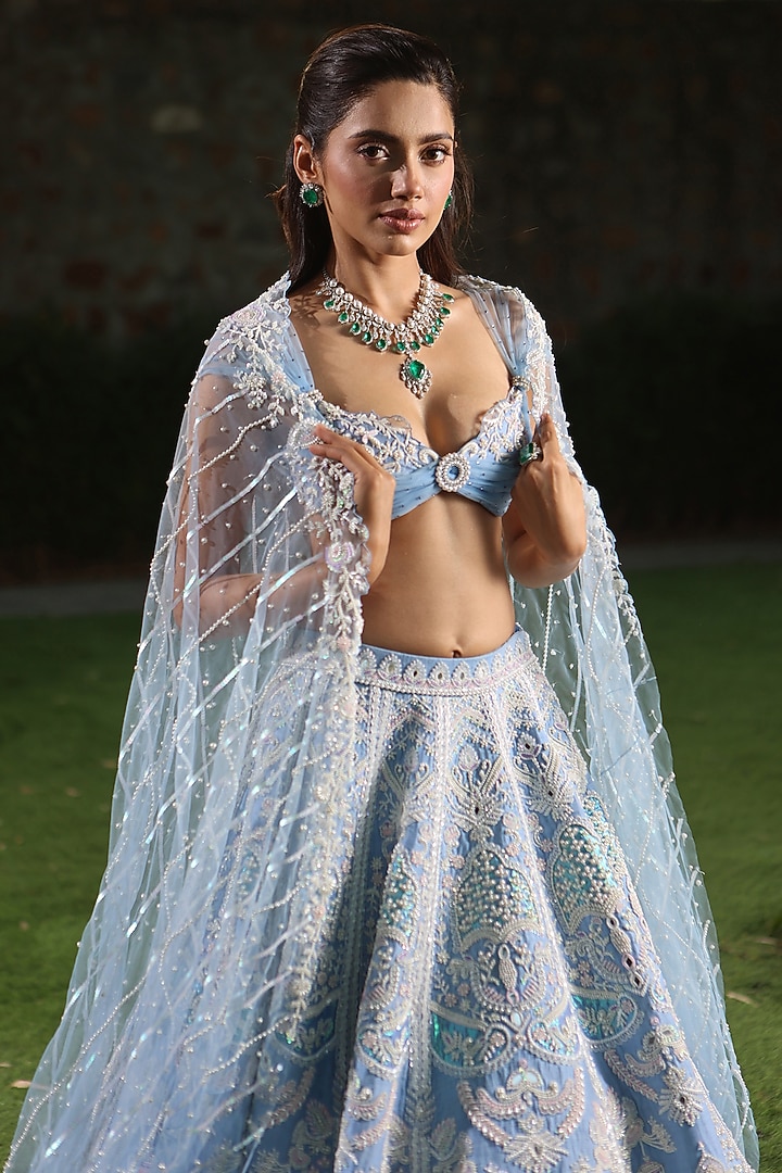 Sapphire Blue Raw Silk Mirror Hand Embroidered Bridal Lehenga Set by Rianta's at Pernia's Pop Up Shop