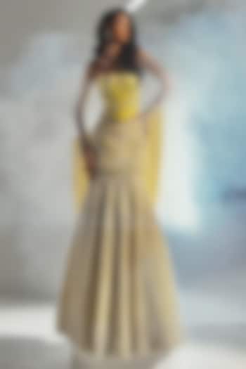 Lime Yellow Banarasi Satin Pearl Embroidered Mermaid Bridal Lehenga Set by Rianta's at Pernia's Pop Up Shop