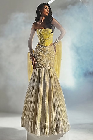 Lime Yellow Banarasi Satin Pearl Embroidered Mermaid Lehenga Set by Rianta's