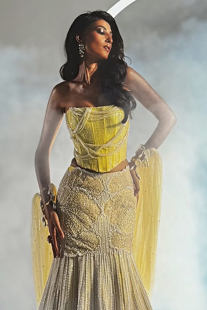 Lime Yellow Banarasi Satin Pearl Embroidered Mermaid Bridal Lehenga Set by Rianta's at Pernia's Pop Up Shop