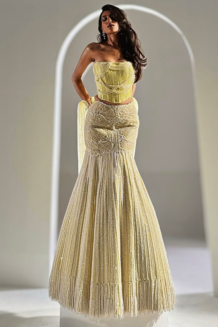 Lime Yellow Banarasi Satin Pearl Embroidered Mermaid Bridal Lehenga Set by Rianta's at Pernia's Pop Up Shop