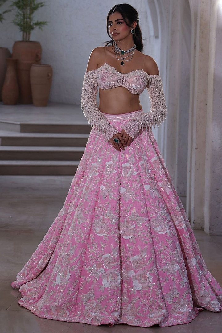 Blush Pink Raw Silk Embroidered Bridal Lehenga Set by Rianta's at Pernia's Pop Up Shop