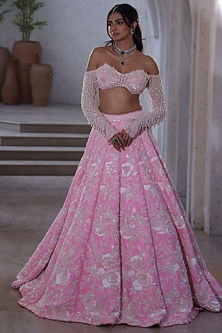 Blush Pink Raw Silk Embroidered Lehenga Set by Rianta's