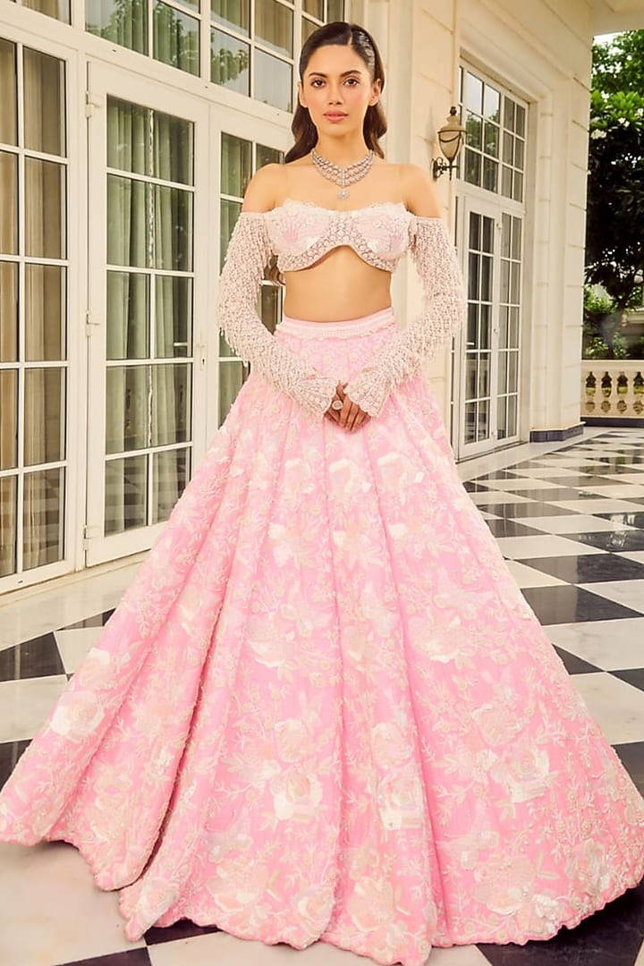 Blush Pink Raw Silk Embroidered Bridal Lehenga Set by Rianta's at Pernia's Pop Up Shop