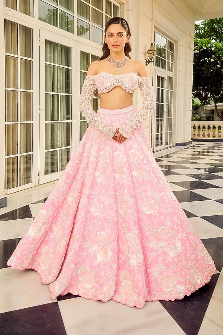 Blush Pink Raw Silk Embroidered Bridal Lehenga Set by Rianta's at Pernia's Pop Up Shop