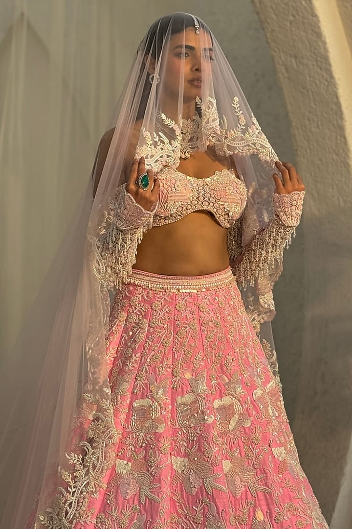 Blush Pink Raw Silk Embroidered Bridal Lehenga Set by Rianta's at Pernia's Pop Up Shop