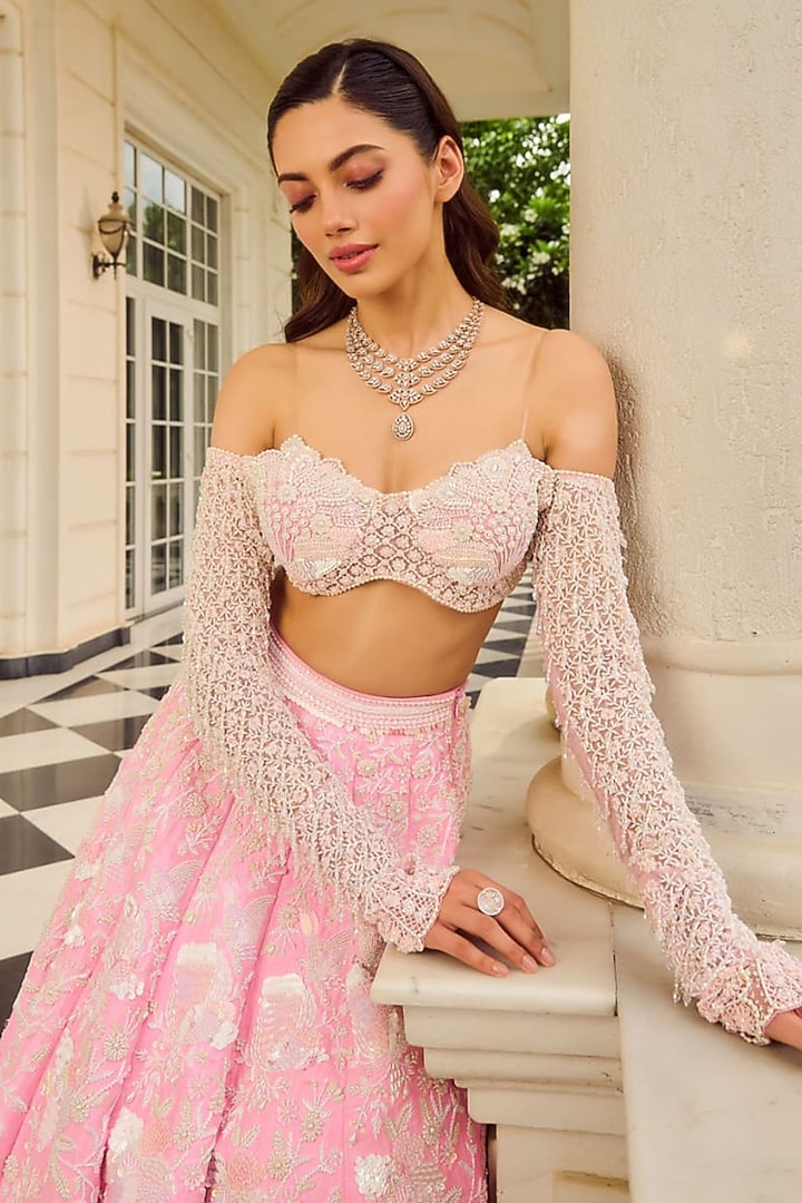 Blush Pink Raw Silk Embroidered Bridal Lehenga Set by Rianta's at Pernia's Pop Up Shop