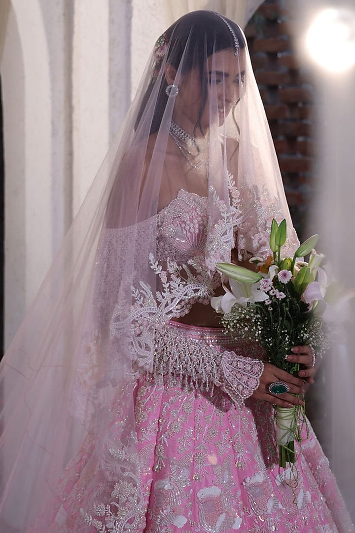 Blush Pink Raw Silk Embroidered Bridal Lehenga Set by Rianta's at Pernia's Pop Up Shop