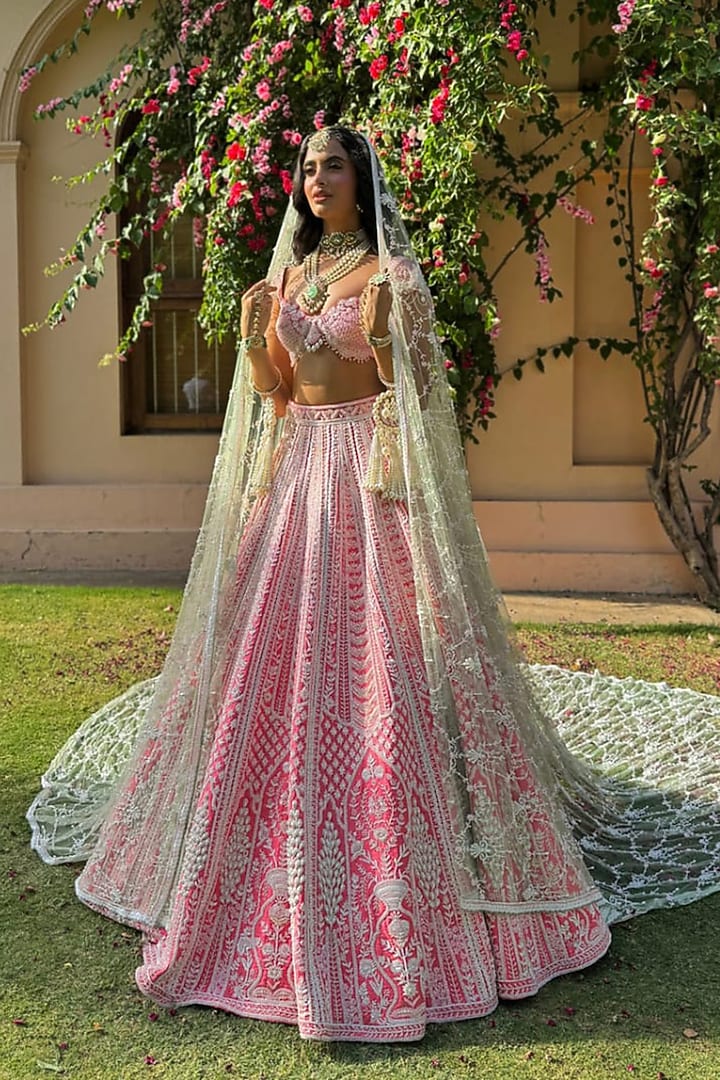 Pink Raw Silk Embroidered Bridal Lehenga Set by Rianta's at Pernia's Pop Up Shop
