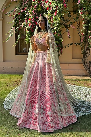 Pink Raw Silk Embroidered Lehenga Set by Rianta's