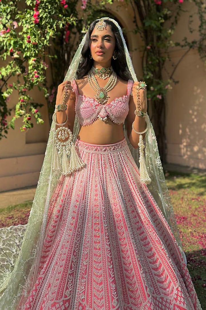 Pink Raw Silk Embroidered Bridal Lehenga Set by Rianta's at Pernia's Pop Up Shop