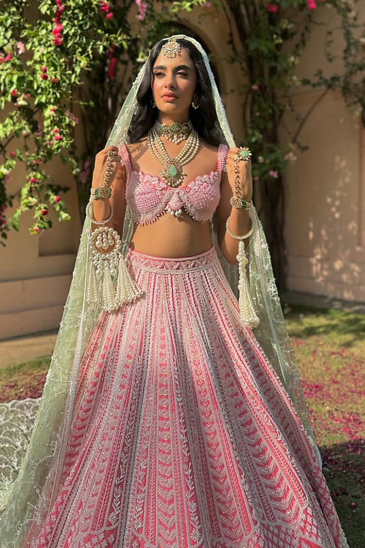 Pink Raw Silk Embroidered Bridal Lehenga Set by Rianta's at Pernia's Pop Up Shop