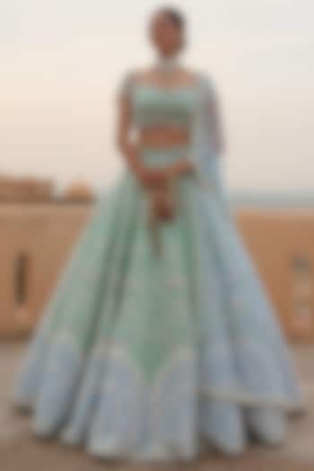 Green & Blue Raw Silk Glass Beads Hand Embroidered Bridal Lehenga Set by Rianta's at Pernia's Pop Up Shop