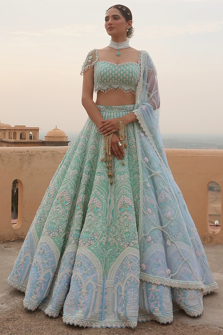 Green & Blue Raw Silk Glass Beads Hand Embroidered Bridal Lehenga Set by Rianta's at Pernia's Pop Up Shop