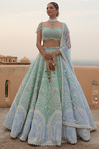 Green & Blue Raw Silk Glass Beads Hand Embroidered Lehenga Set by Rianta's