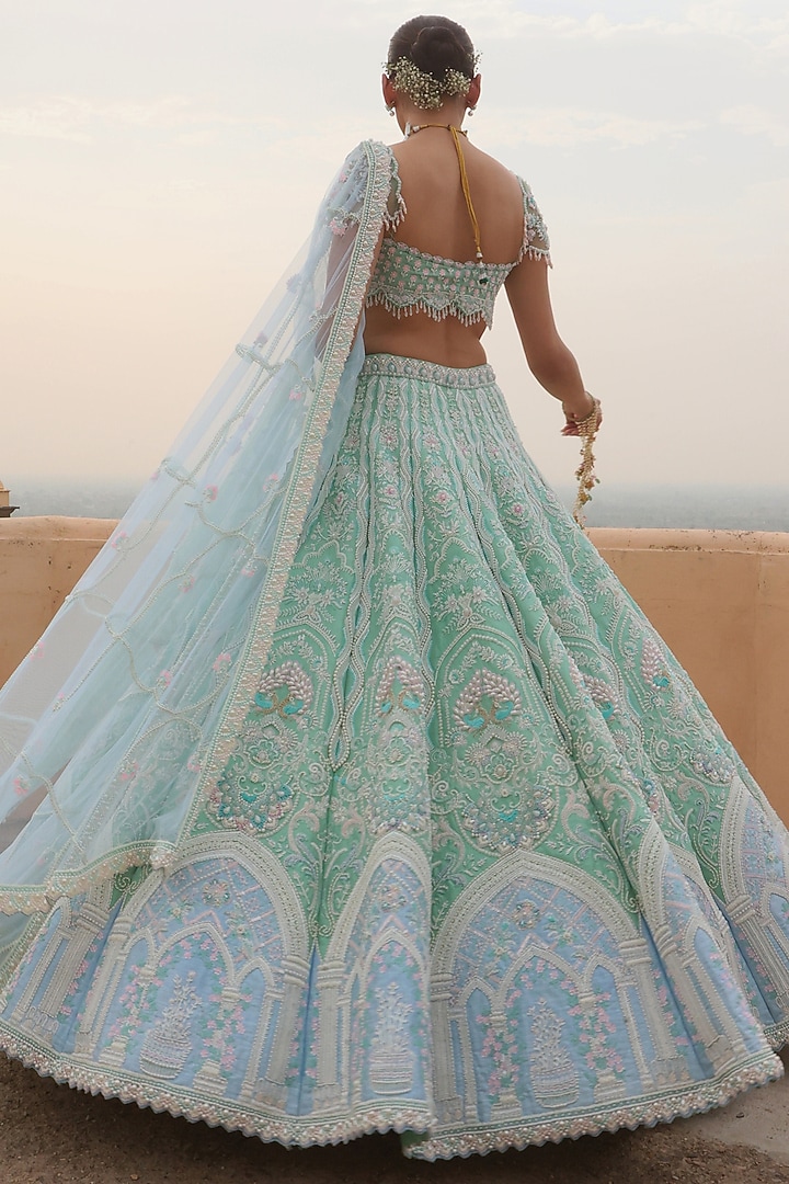 Green & Blue Raw Silk Glass Beads Hand Embroidered Bridal Lehenga Set by Rianta's at Pernia's Pop Up Shop