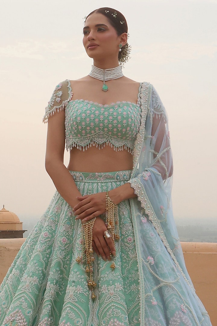 Green & Blue Raw Silk Glass Beads Hand Embroidered Bridal Lehenga Set by Rianta's at Pernia's Pop Up Shop