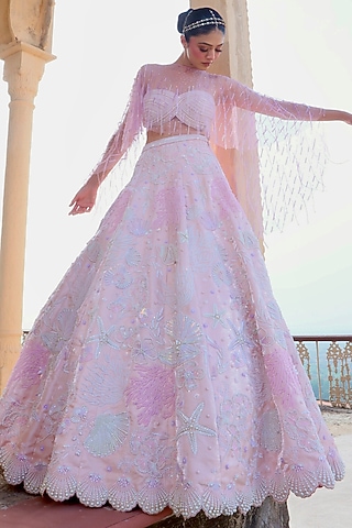 Champagne & Lavender Liquid Organza Embroidered Lehenga Set by Rianta's
