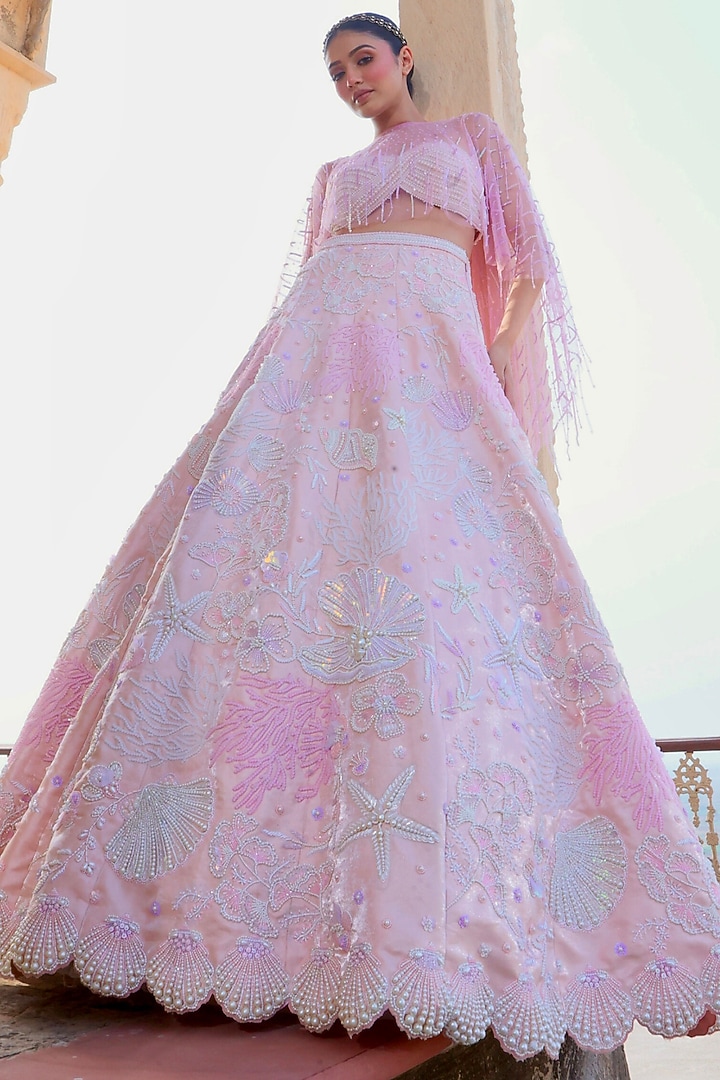 Champagne & Lavender Liquid Organza Embroidered Bridal Lehenga Set by Rianta's at Pernia's Pop Up Shop