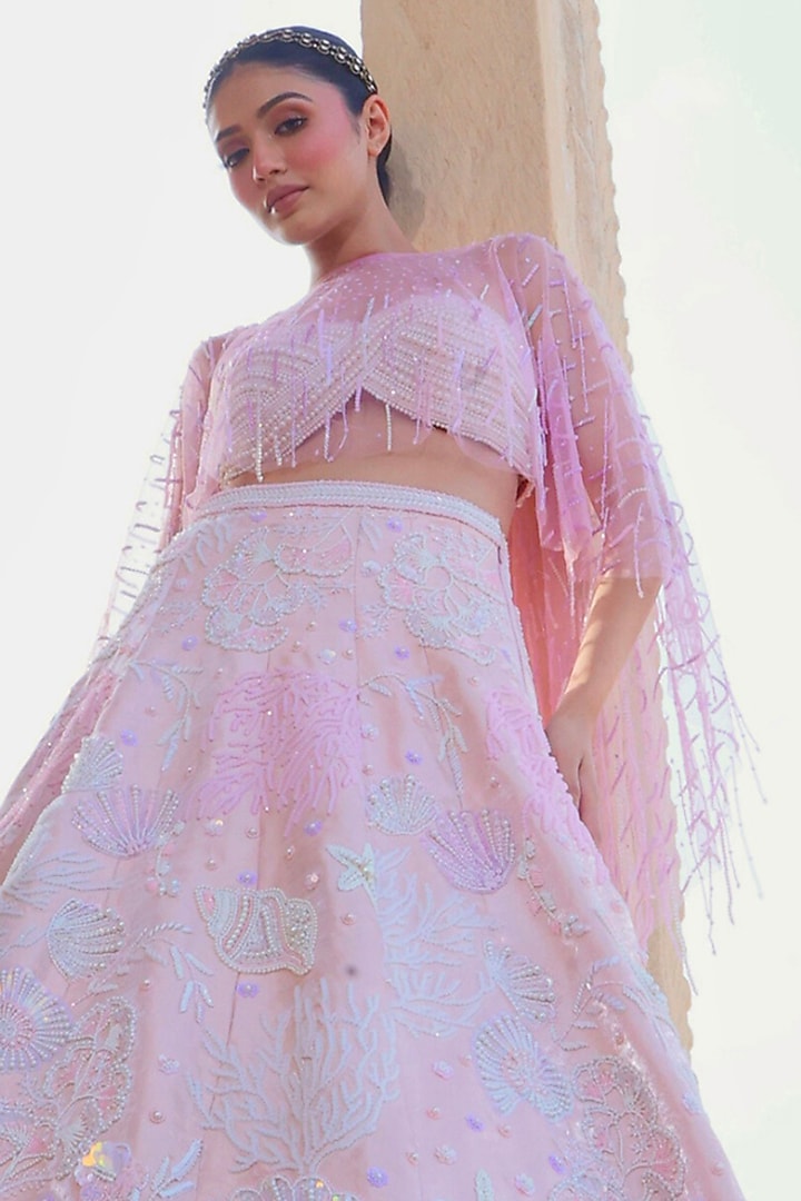 Champagne & Lavender Liquid Organza Embroidered Bridal Lehenga Set by Rianta's at Pernia's Pop Up Shop