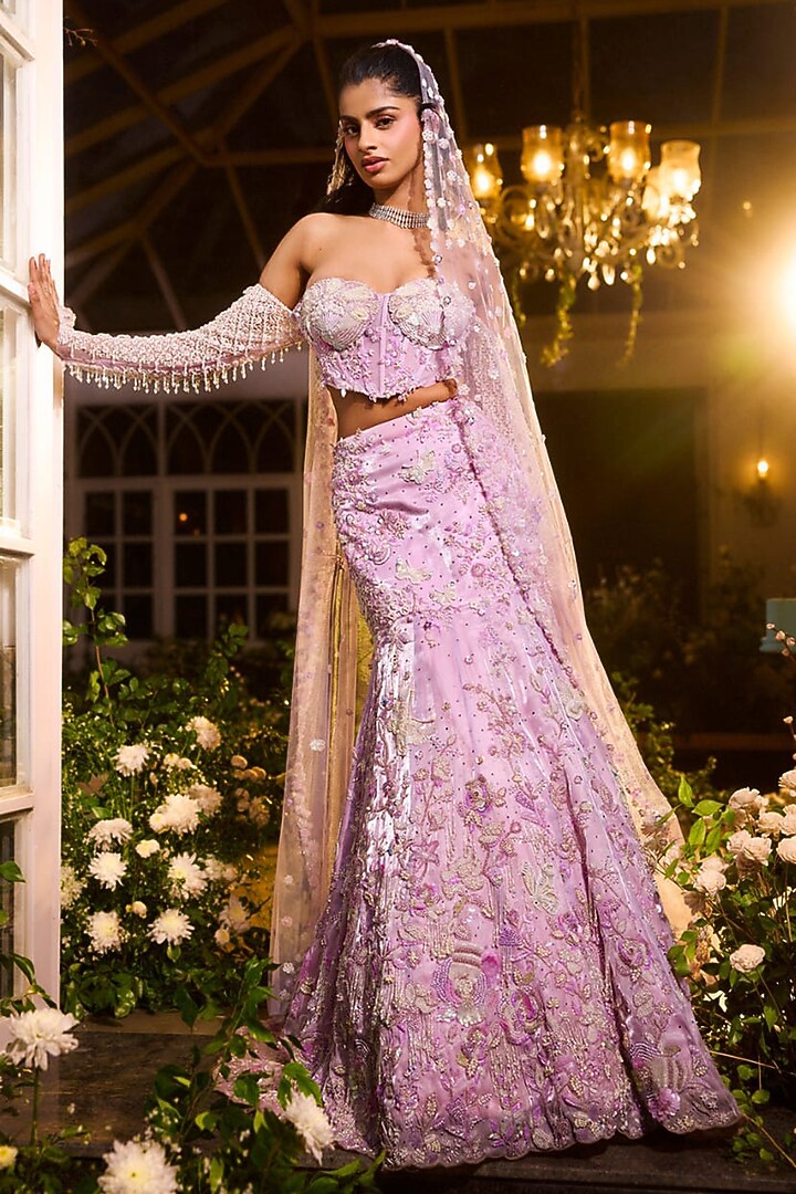 Lavender Fluid Organza Embroidered Mermaid Bridal Lehenga Set by Rianta's at Pernia's Pop Up Shop