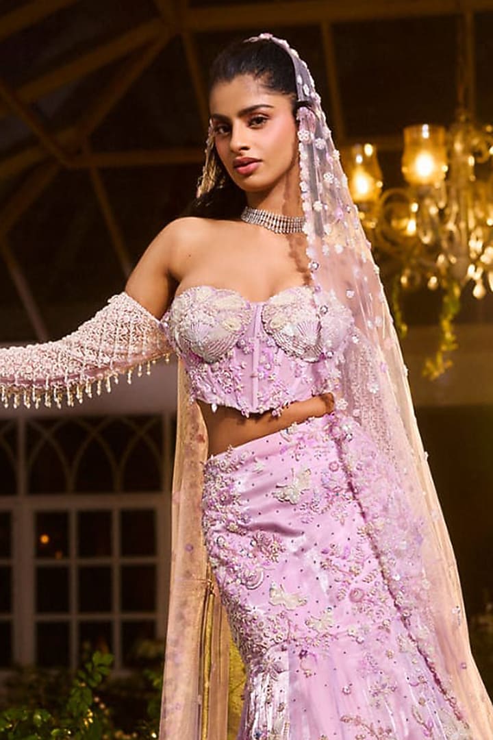 Lavender Fluid Organza Embroidered Mermaid Bridal Lehenga Set by Rianta's at Pernia's Pop Up Shop