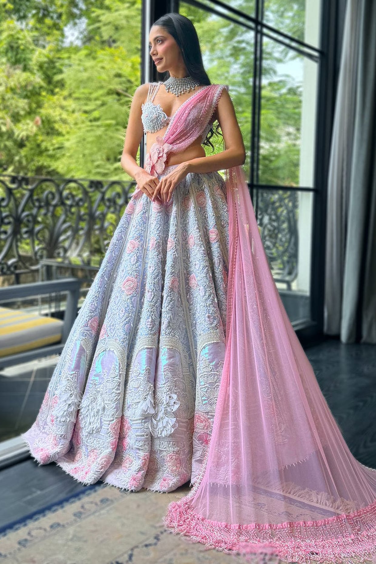 Rianta's Green & Pink Metallic Organza Embroidered Lehenga Set