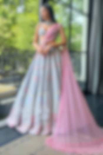 Green & Pink Metallic Organza Embroidered Bridal Lehenga Set by Rianta's at Pernia's Pop Up Shop