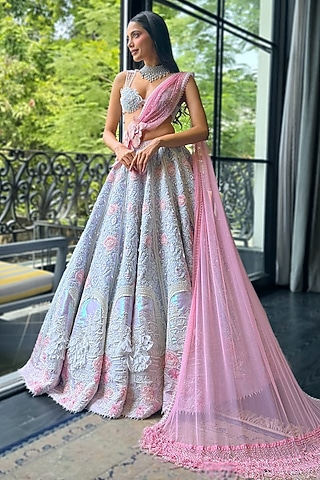 Green & Pink Metallic Organza Embroidered Lehenga Set by Rianta's