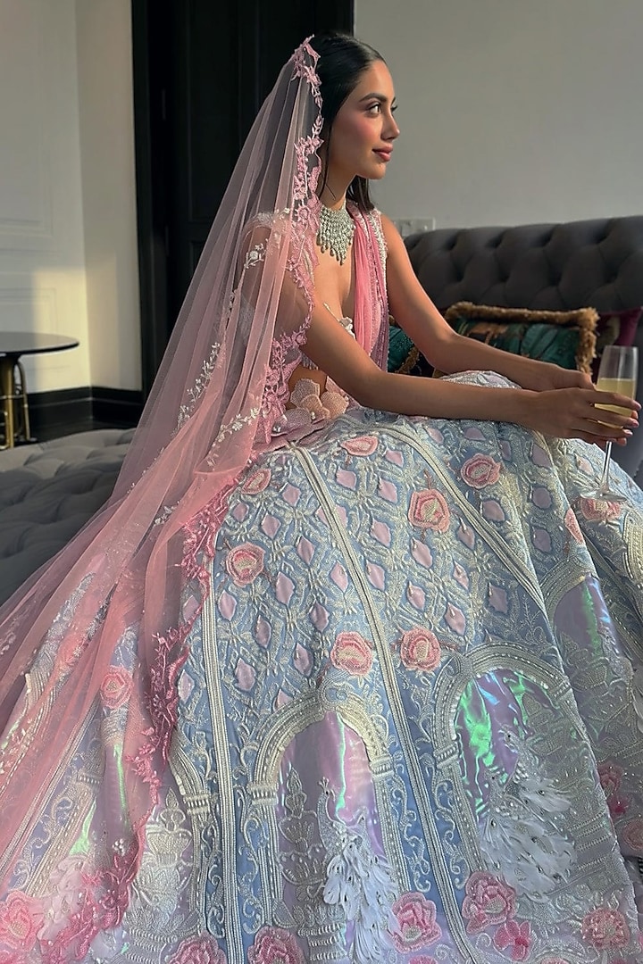 Green & Pink Metallic Organza Embroidered Bridal Lehenga Set by Rianta's at Pernia's Pop Up Shop