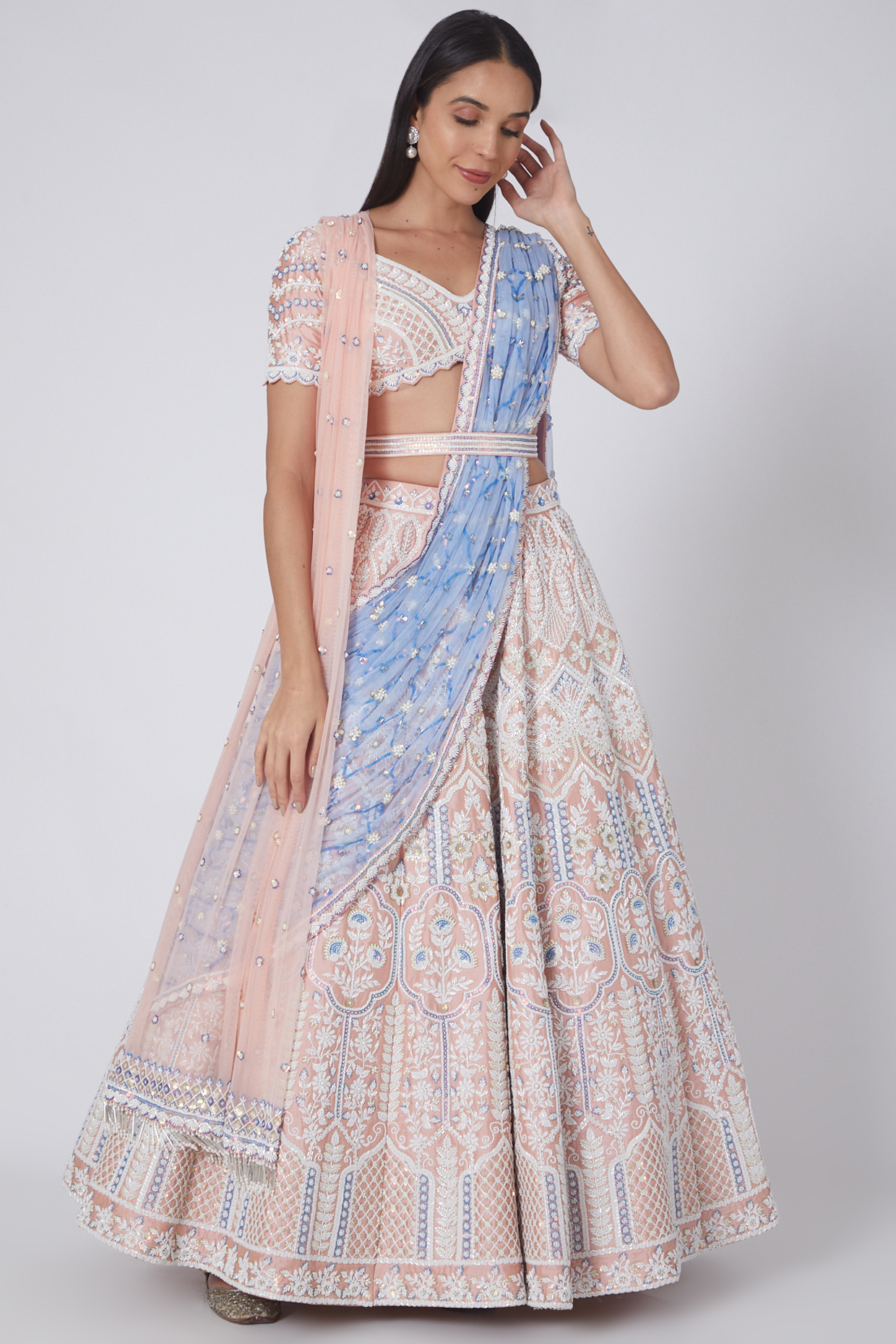 Blush & Powder Blue Embroidered Lehenga Set by Rianta's