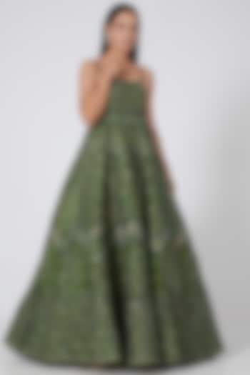 Olive Green Embroidered Strappy Gown by Rianta's