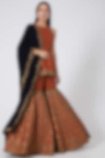 Rust Red & Navy Blue Embroidered Gharara Set by Rianta's at Pernia's Pop Up Shop
