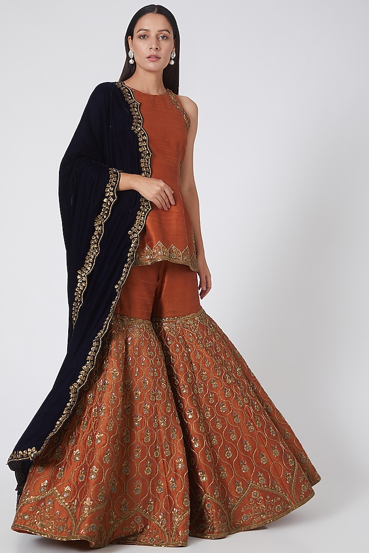 Rust Red & Navy Blue Embroidered Gharara Set by Rianta's