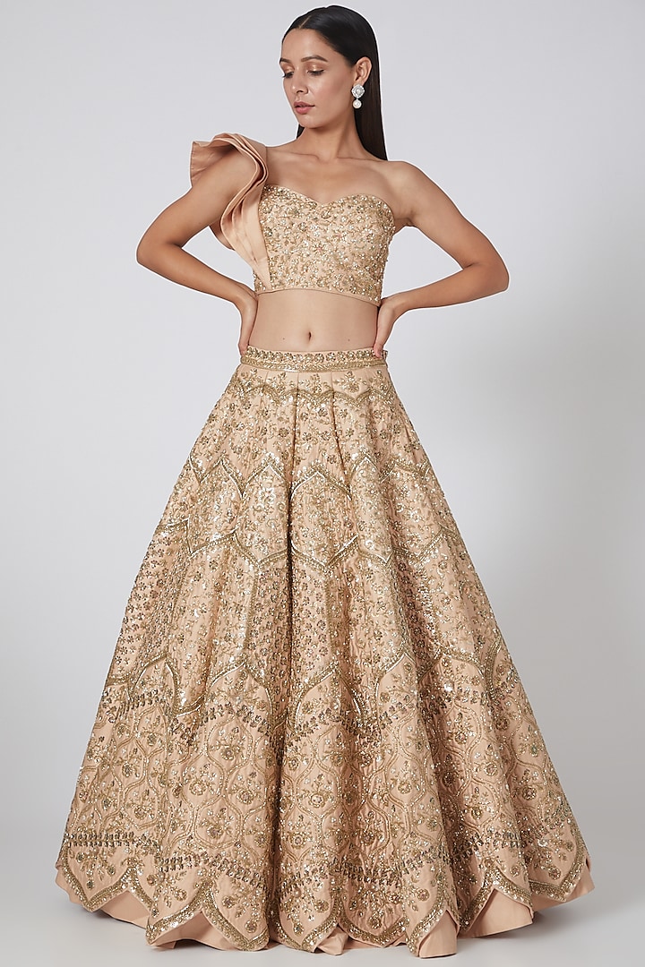 Champagne Gold Embroidered Lehenga Set by Rianta's