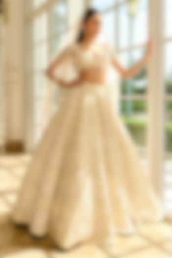 Ivory Raw Silk Pearl Embroidered Bridal Lehenga Set by Rianta's at Pernia's Pop Up Shop