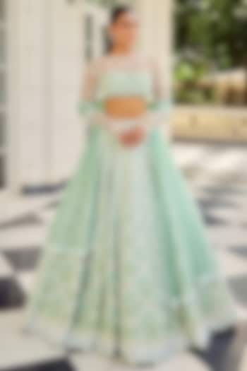 Mint Raw Silk Sequins Embroidered Bridal lehenga for 22 Lehenga Set by Rianta's at Pernia's Pop Up Shop