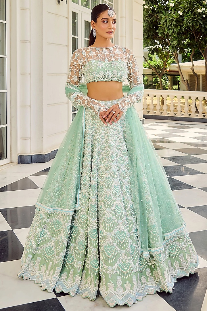 Mint Raw Silk Sequins Embroidered Bridal lehenga for 22 Lehenga Set by Rianta's at Pernia's Pop Up Shop