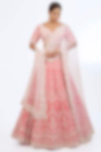 Coral Pink Raw Silk Sequins Embroidered Bridal lehenga for 22 Lehenga Set by Rianta's at Pernia's Pop Up Shop