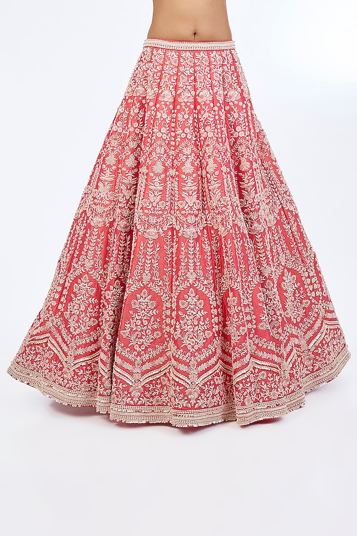 Coral Pink Raw Silk Sequins Embroidered Bridal Lehenga Set by Rianta's at Pernia's Pop Up Shop