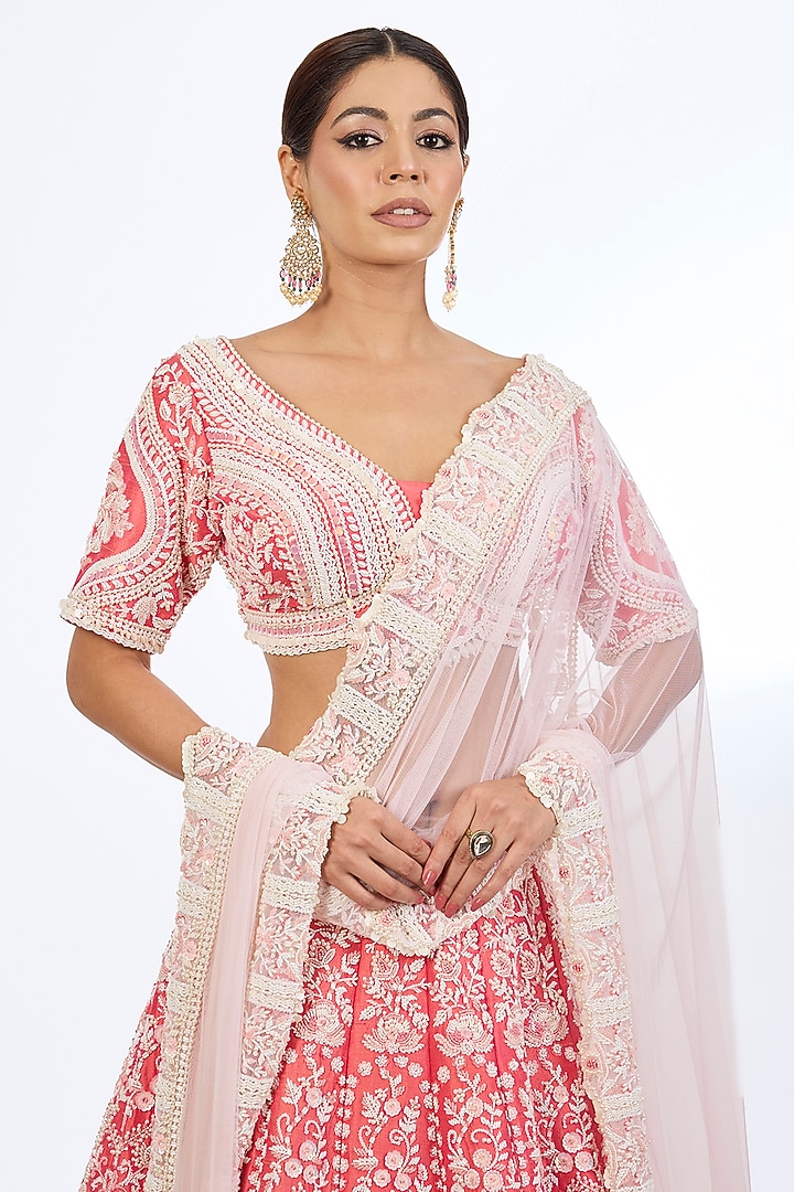 Coral Pink Raw Silk Sequins Embroidered Bridal Lehenga Set by Rianta's at Pernia's Pop Up Shop