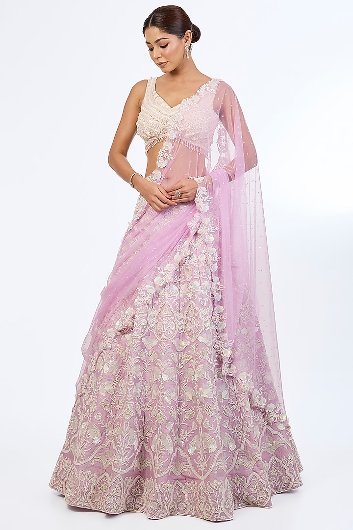 Lilac Raw Silk Sequins & Beads Embroidered Bridal Lehenga Set by Rianta's at Pernia's Pop Up Shop