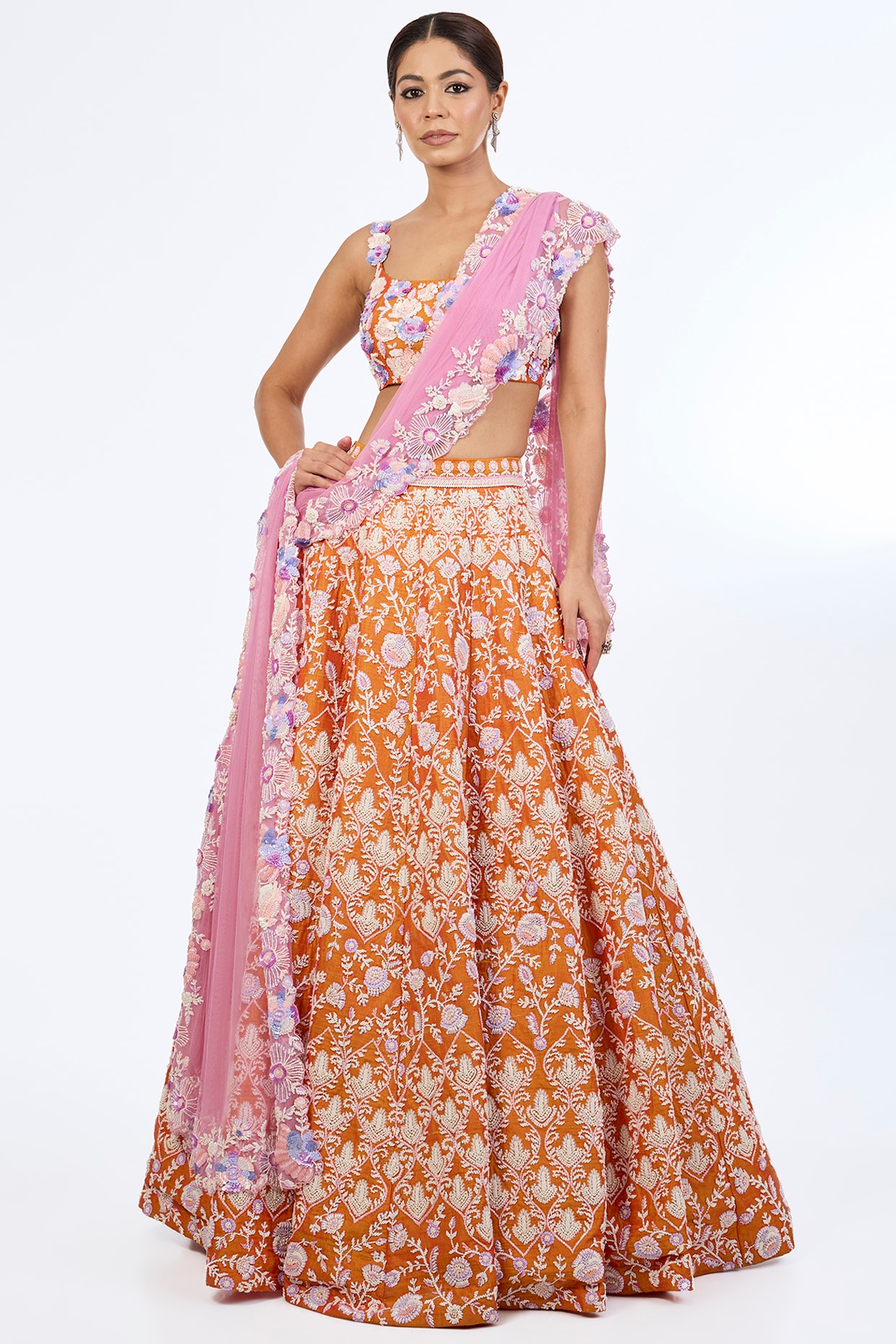 Rianta's Marigold Raw Silk Sequins & Pearl Embroidered Lehenga Set