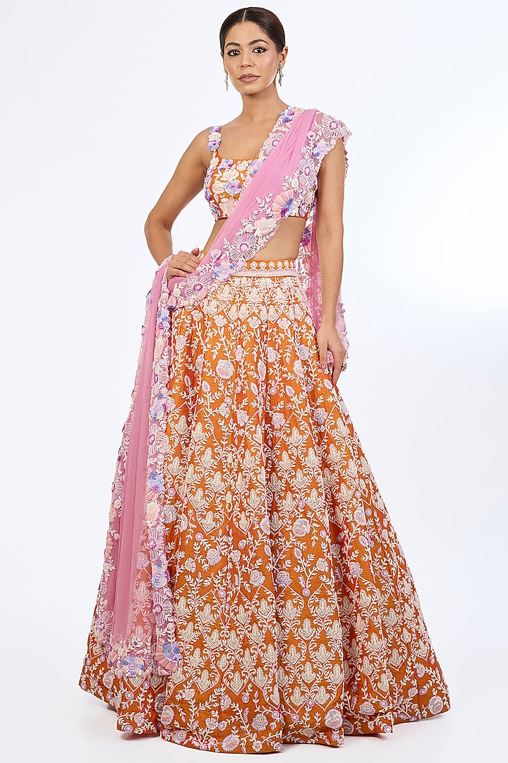 Marigold Raw Silk Sequins & Pearl Embroidered Bridal Lehenga Set by Rianta's at Pernia's Pop Up Shop