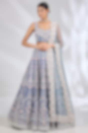 Ocean Blue Raw Silk Pearl Embroidered Bridal lehenga for 22 Lehenga Set by Rianta's at Pernia's Pop Up Shop