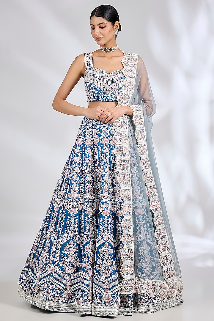 Ocean Blue Raw Silk Pearl Embroidered Bridal lehenga for 22 Lehenga Set by Rianta's at Pernia's Pop Up Shop