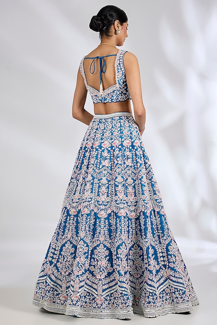 Ocean Blue Raw Silk Pearl Embroidered Bridal Lehenga Set by Rianta's at Pernia's Pop Up Shop