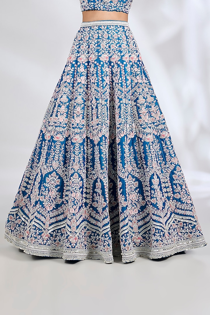 Ocean Blue Raw Silk Pearl Embroidered Bridal Lehenga Set by Rianta's at Pernia's Pop Up Shop